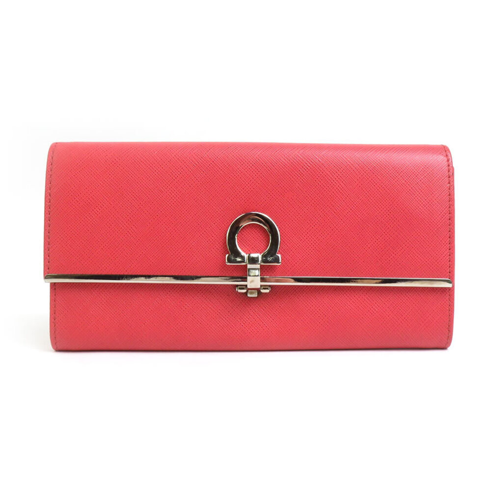 Salvatore Ferragamo long wallet Gancini leather metal red pink silver
